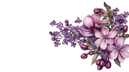 Canvas Print - Beautiful floral corner ornament consists of lilacs flowers and magnolia isolated on white background. Copy space for photo or text