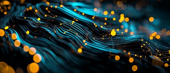 Poster - A mesmerizing abstract image featuring flowing blue lines illuminated by scattered golden dots, creating an enchanting digital landscape.