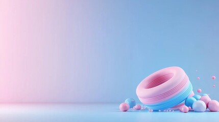 Poster - A colorful, abstract composition featuring a pink and blue tire on a gradient background, surrounded by soft, pastel-colored spheres.