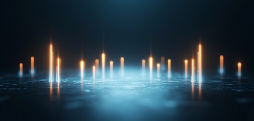 Poster - A futuristic scene featuring glowing vertical lines against a dark background, creating a serene, digital atmosphere.
