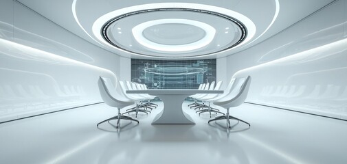 Poster - A sleek, modern conference room featuring futuristic design, white decor, and a minimalist layout ideal for meetings and presentations.
