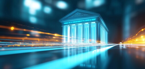 Poster - a futuristic building with classical architecture, illuminated in blue, set against a digital-themed