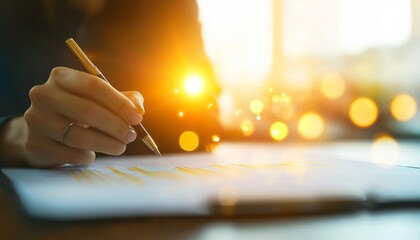 Poster - A person is writing on a sheet of paper with a pen, surrounded by a warm, glowing atmosphere, suggesting creativity and inspiration.