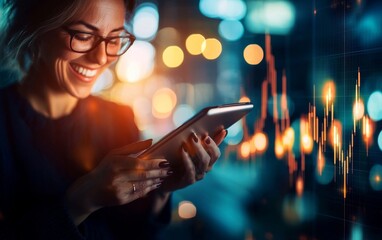 Poster - A smiling woman uses a smartphone, illuminated by vibrant lights, while financial graphs or data are displayed in the background.