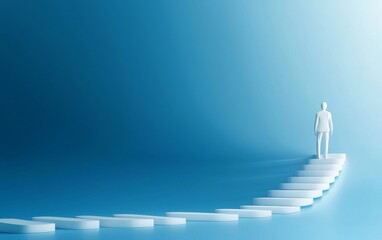 Poster - A lone figure stands on a pathway of circular platforms, symbolizing progress and exploration against a serene blue background.