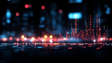Poster - A vibrant digital visualization of data with glowing bars and dots against a dark background, representing technology and analytics.