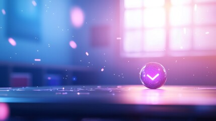Poster - A glowing purple sphere rests on a surface, illuminated by soft light, creating a serene atmosphere with floating particles in the air.