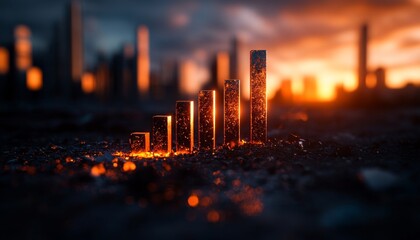 Poster - A glowing bar graph rises against a sunset backdrop, symbolizing growth and progress in a vibrant urban landscape.