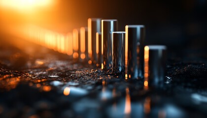 Poster - A close-up of metallic cylinders arranged in a line, illuminated by a warm glow, creating a striking visual effect on a textured surface.