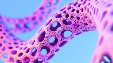 Poster - A vibrant, abstract representation of intertwined purple structures with hollow spaces, set against a soft blue background.