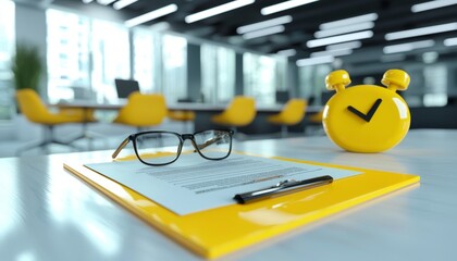 Poster - A modern office scene featuring a clipboard, glasses, and a yellow alarm clock, emphasizing productivity and organization.