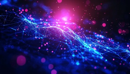 Poster - A vibrant display of blue and pink lights intertwined, resembling a digital landscape or abstract representation of data flow and connectivity.