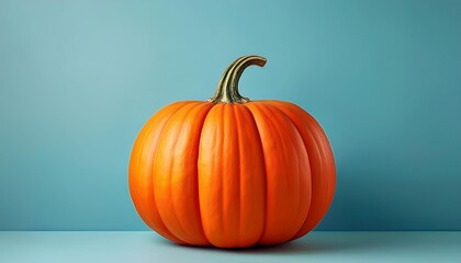 Poster -  A large orange pumpkin sits alone on a soft pastel blue surface with plenty of empty space _1(376)