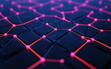 Poster - A vibrant abstract image featuring interconnected nodes and lines, illuminated in neon pink against a dark background.