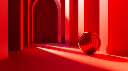Poster - A minimalist scene featuring a smooth, round object on a red-hued floor, surrounded by archways, casting soft shadows in a dramatic, surreal environment.