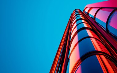 Poster - A vibrant, abstract shot of a modern building reaching towards a bright blue sky, showcasing colorful reflections and sleek architectural lines.