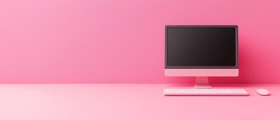 Poster - A minimalist workspace featuring a pink-themed computer setup against a matching pink wall, creating a vibrant and modern aesthetic.