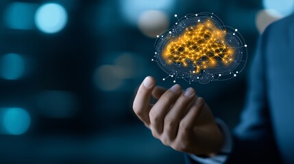 Poster - Innovative Concept of Computing Technology Showcasing a Human Hand Holding a Digital Brain with Network Connections Symbolizing Intelligence and Data Processing