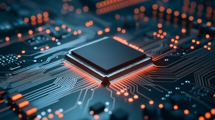 Poster - Close-Up View of a Computer Circuit Board with Microchip Highlighting Connections and Detailed Circuitry Elements for Technology and Repair Imagery