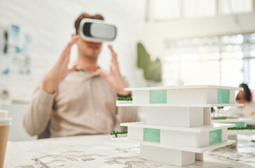 Aufkleber - Man, architecture and vr headset in office with building design, architect game and ai construction. Male person, 3D simulation and planning for property development, review renovation and innovation