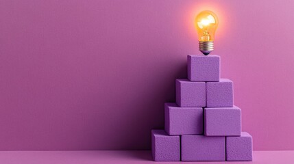 Poster - Purple blocks forming a pyramid with a lit bulb above, representing progress and learning growth