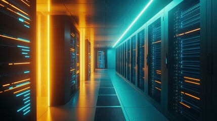 Poster - Rows of illuminated servers in a modern data center with a cool blue and yellow ambiance, showcasing advanced tech