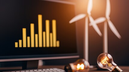 Poster - Energy Stock Electricity Sustainable Concept, Glowing Bar Graph on Computer Screen with Renewable Energy Themes