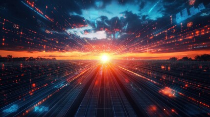 The sun sets over a sleek array of solar panels, with glowing data visuals emphasizing the synergy of renewable energy and technology