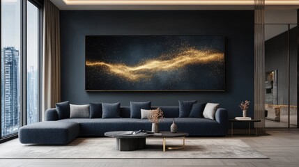 Poster - Timeless navy canvas enhanced with subtle, glowing gold waves and speckles for a modern, chic aesthetic