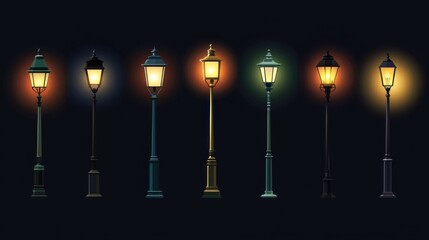Poster - Variety of street lamp illustrations with glowing beams, emphasizing diverse styles