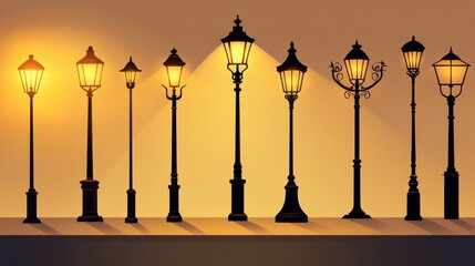 Poster - Variety of street lamp illustrations with glowing beams, emphasizing diverse styles