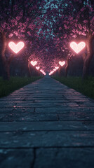 Canvas Print - romantic pathway lined with glowing heart shaped lights and blooming trees creates dreamy atmosphere. serene scene invites feelings of love and tranquility