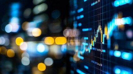 Poster - a close-up of a financial chart displaying market trends, with colorful candlestick patterns and blu