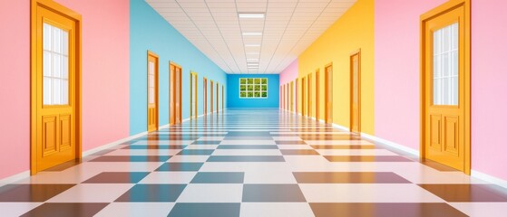 Poster - A vibrant hallway with colorful walls and doors, featuring a checkered floor that creates a lively and inviting atmosphere.