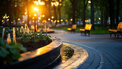 Poster - A serene park scene at sunset, featuring a winding path, decorative fountains, and benches illuminated by soft, warm light.