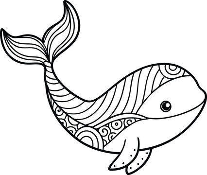 Adorable Boho Whale Mandala Line Art Illustration with Intricate Patterns