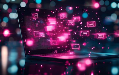Poster - A futuristic laptop displays vibrant pink digital data streams against a blurred background of glowing lights.
