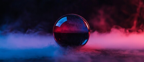 Poster - A reflective sphere sits amidst colorful fog, creating a mystical atmosphere with shades of blue and red.