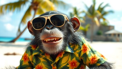 Wall Mural - portrait illustration of a chimpanzee monkey wearing sunglasses and a hawaiian shirt enjoying vacation on a sunny tropical beach