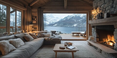 Wall Mural - Cozy cabin interior with fireplace and stunning lake view during winter months in the mountains