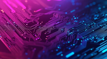 Poster - A vibrant close-up of a circuit board, showcasing intricate pathways and glowing lights in shades of pink and blue, highlighting technology and innovation.