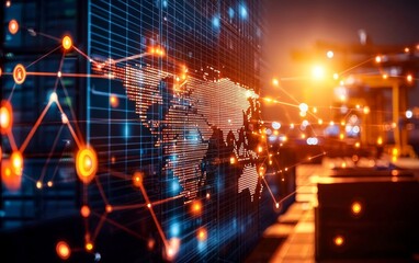Poster - A vibrant digital world map illuminated by glowing lines and data points, set against a backdrop of city lights, symbolizing connectivity and technology.