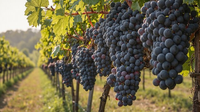 Ripe dark purple grapes on vine in sunlight   ideal for winemaking