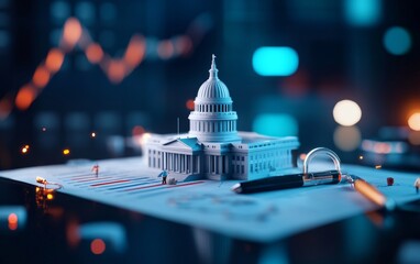 Poster - A miniature model of a government building on a finance-themed surface, illuminated with vibrant, colorful lights.