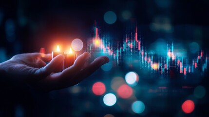 Poster - a glowing hand holds data visualization elements, representing finance, technology, and digital grow