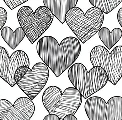 Poster - A seamless heart pattern in a doodle style. The design features a hand-drawn abstract modern background in black and white.