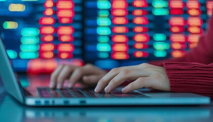 Poster - a person types on a laptop in front of a colorful stock market display, reflecting financial data an
