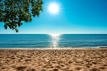 Poster - Bright sun over a tranquil beach with calm blue waters