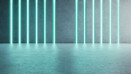 Poster - A modern, minimalist interior space featuring glowing neon lights on a concrete wall, creating a futuristic ambiance.