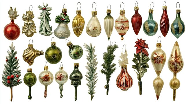 A collection of vintage Christmas ornaments, each with unique designs, displayed against a white background.